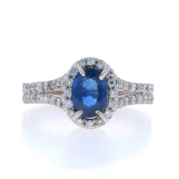White Gold Sapphire & Diamond Halo Ring - 18k Oval 1.74ctw